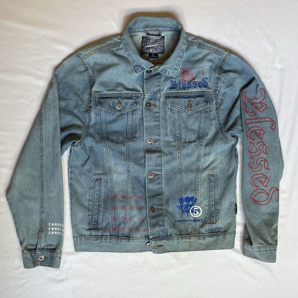 Brooklyn Clothing Company Blessed Embroidered Denim Jacket Size L Large Street